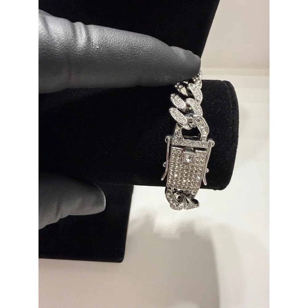 cuban bracelet iced out vvcsz stones over stainless 8 imch 13mm triple lock box